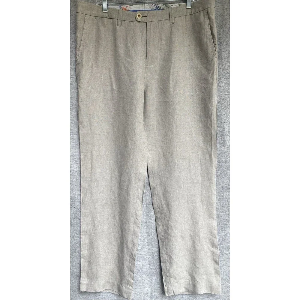 Tommy Bahama Beach Linen Pants Stone Khaki Mens 36x32 Flat Front Pocket Zip